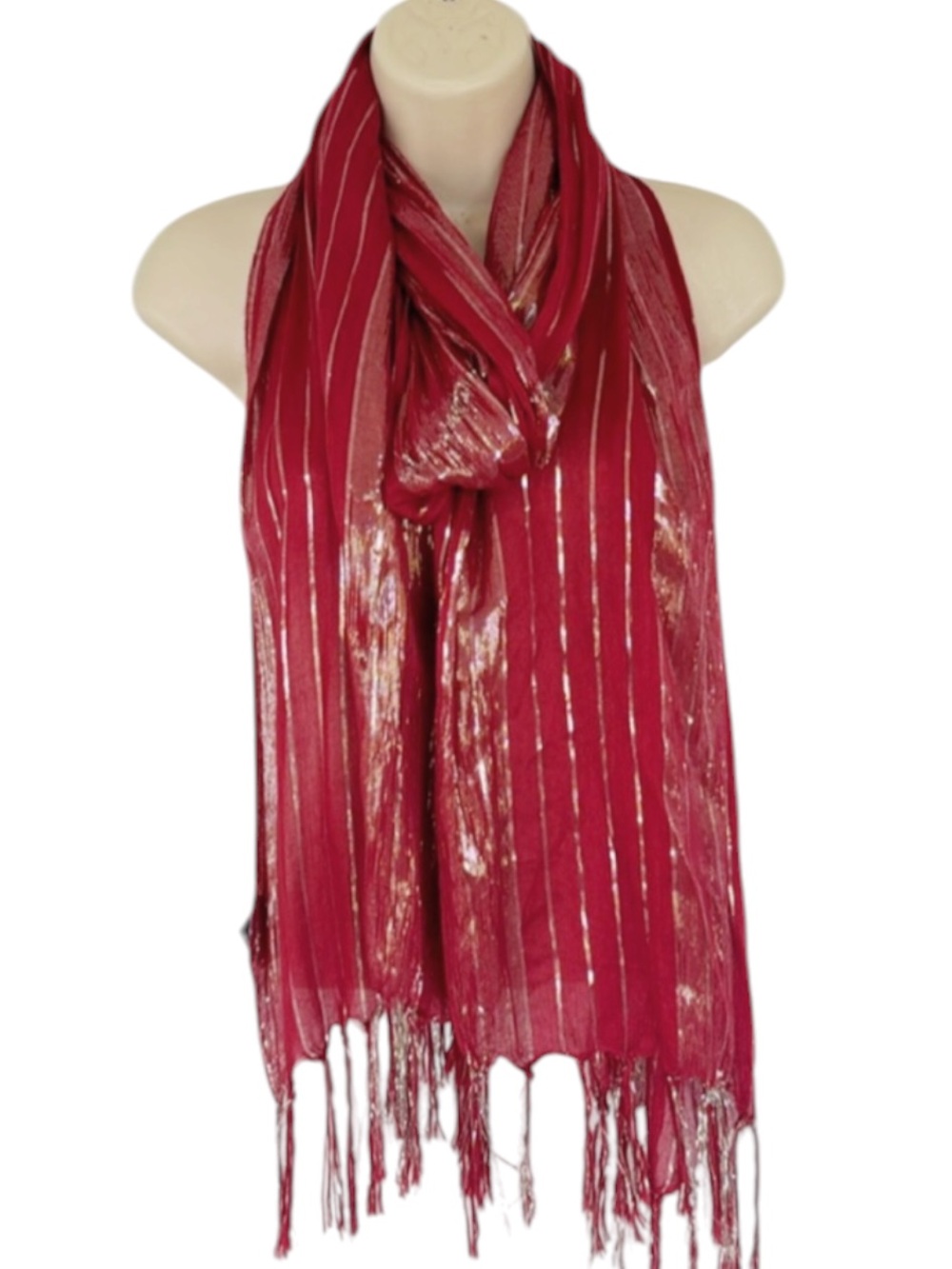 Vanity red silver tinsel sparkle tassel scarf sarong one size